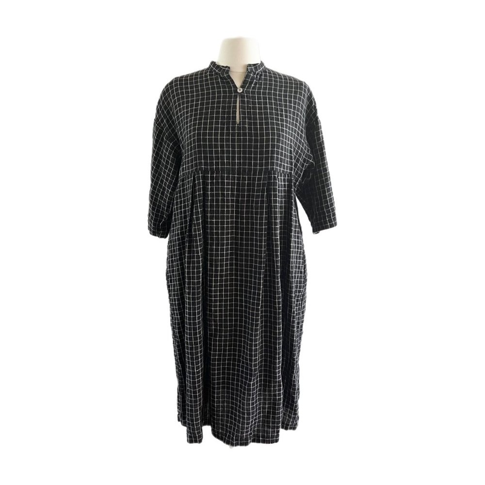 Fog Linen Work Black Lagenlook Windowpane Plaid Linen Dress Sz S/M